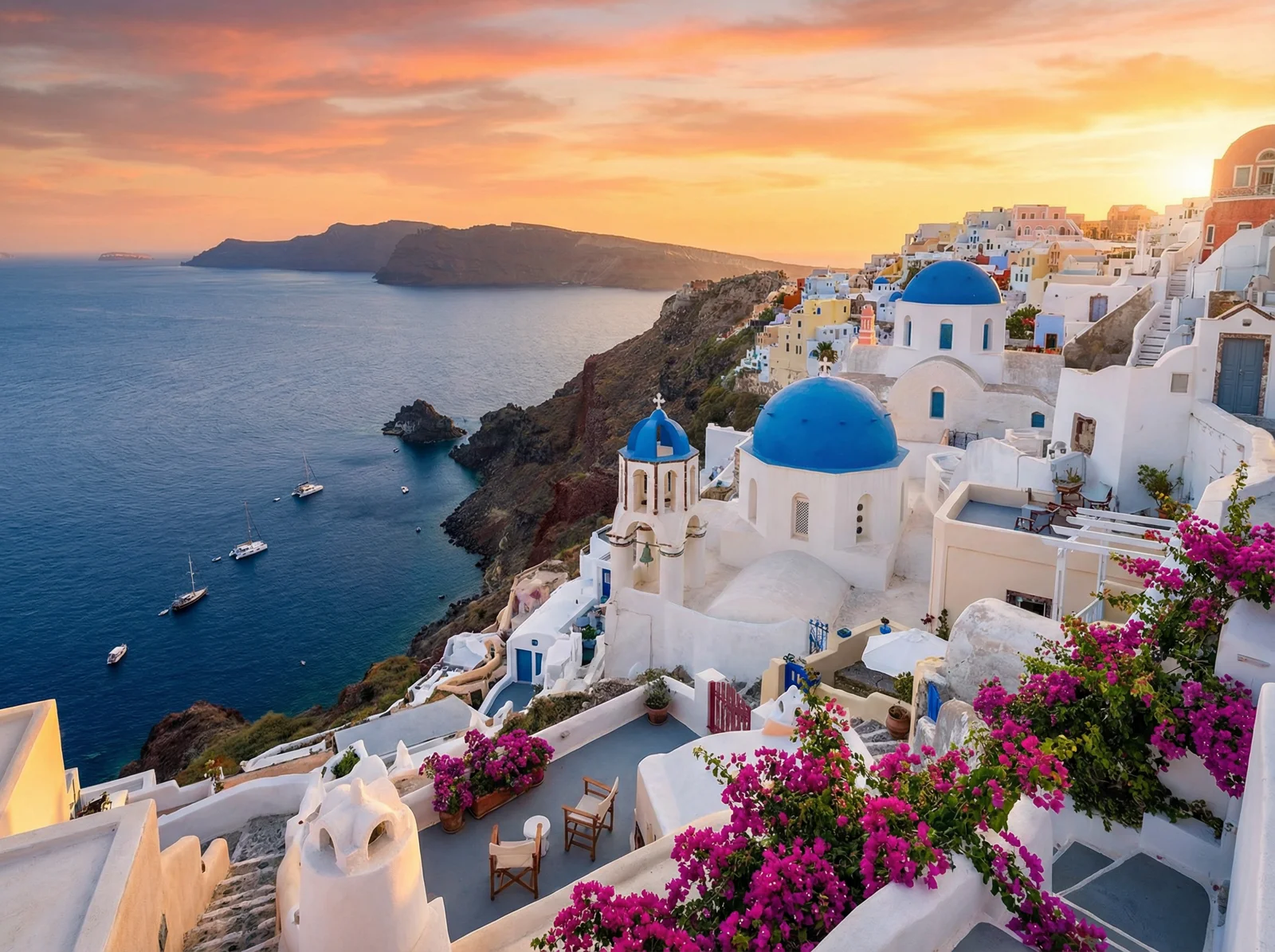 Santorini, Grecia — iglesias de cúpula azul al atardecer
