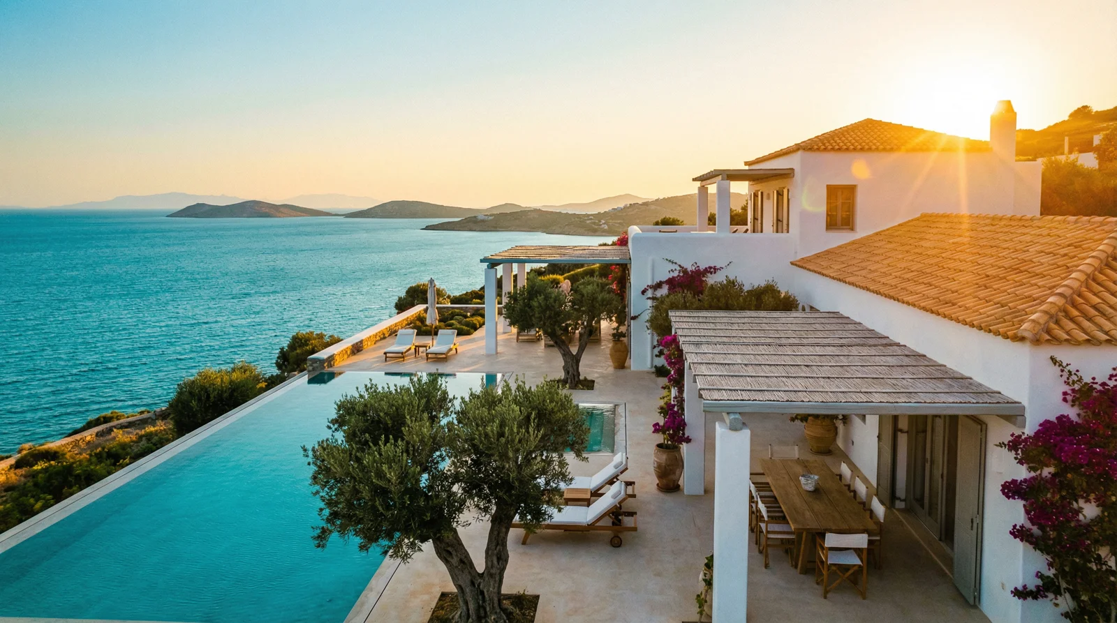 Villa mediterránea de lujo al atardecer con piscina infinita frente al mar azur